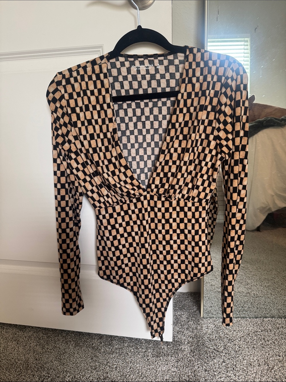 Abercrombie Checkered V-Neck Bodysuit in Beige and Black